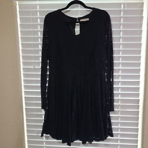 Black Lace Fit and Flare Dress with Sheer Lace Long Sleeves. Size JUNIORS XL